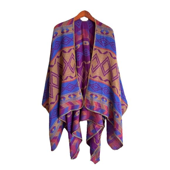 Eddie Bauer Vesper Aztec Shawl Wrap Poncho One Size Purple Blue Boho Reversible - Picture 1 of 7